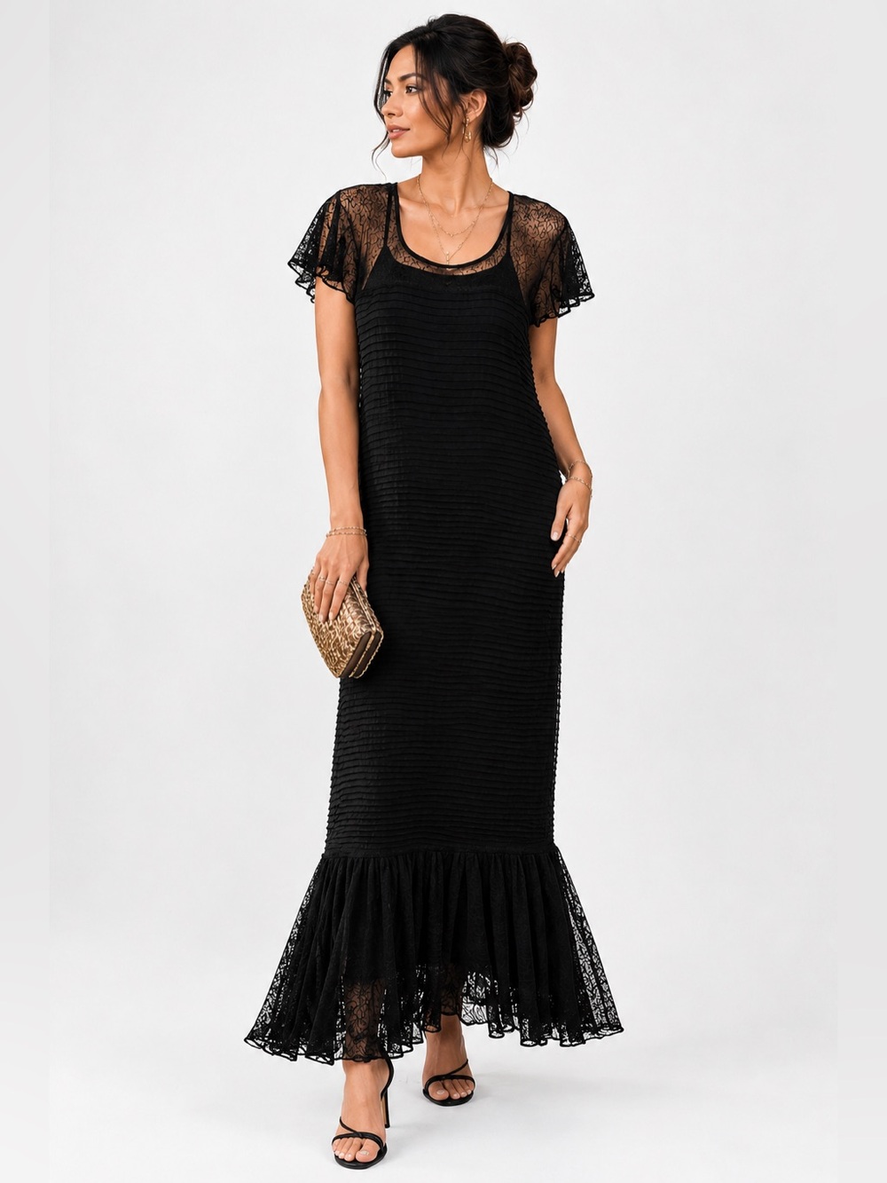April Cornell 2 Piece Maxi Dress Black Lace Pleated Ruffle Hem Short Sleeve sz L